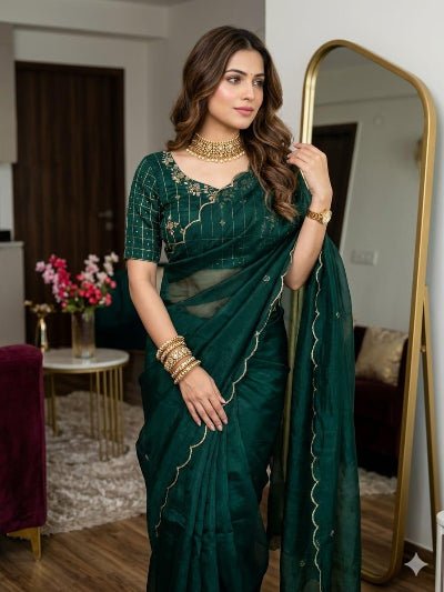 Bottle Green Ready to Wear Saree with Handwork Stitched Blouse - BONYHUBSAREE