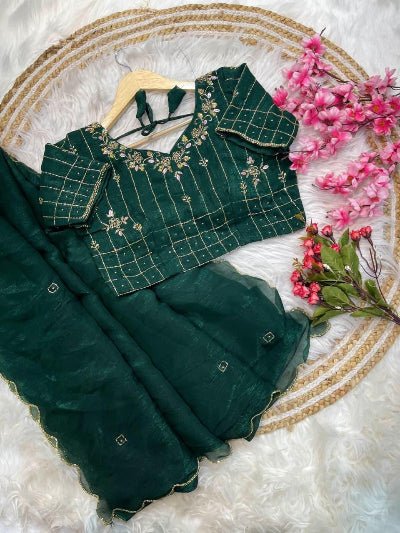 Bottle Green Ready to Wear Saree with Handwork Stitched Blouse - BONYHUBSAREE