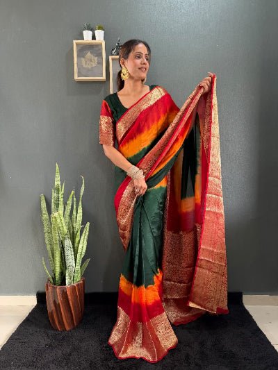 Bottle Green Red Silk Ready To Wear Saree Gown - BONYHUBSAREE