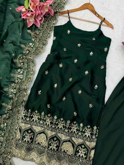 Bottle Green Silk Thread &amp; Sequin Embroidered Sleeveless Straight Suit - BONYHUBSALWAR KAMEEZ