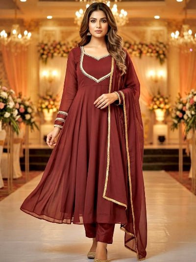 Brick Maroon Georgette Anarkali Suit - BONYHUBSALWAR KAMEEZ