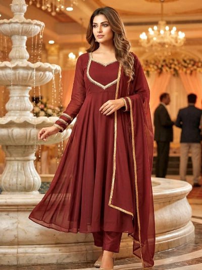 Brick Maroon Georgette Anarkali Suit - BONYHUBSALWAR KAMEEZ
