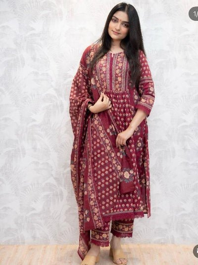 Brick Red Cotton A-Line Anarkali Suit | South Asian Ethnic Wear Uk - BONYHUBSALWAR KAMEEZ