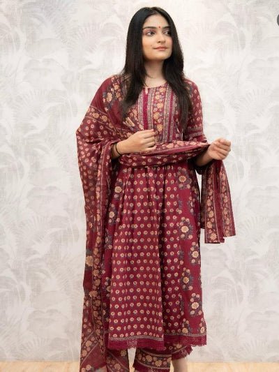Brick Red Cotton A-Line Anarkali Suit | South Asian Ethnic Wear Uk - BONYHUBSALWAR KAMEEZ