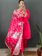 Bright Pink Roman Silk Elephant Print Salwar Suit - BONYHUBSALWAR KAMEEZ