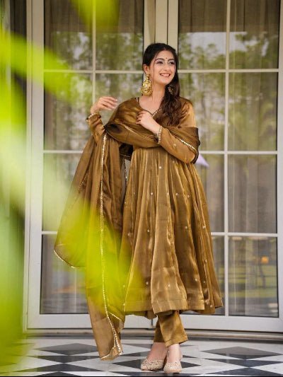 Bronze Gold Thread Work Anarkali Suit Set - BONYHUBSALWAR KAMEEZ