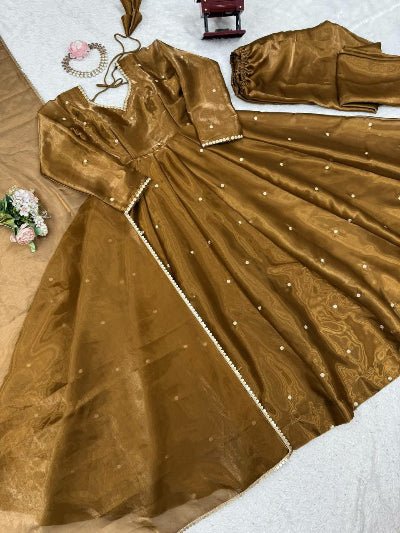 Bronze Gold Thread Work Anarkali Suit Set - BONYHUBSALWAR KAMEEZ