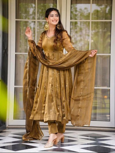 Bronze Gold Thread Work Anarkali Suit Set - BONYHUBSALWAR KAMEEZ