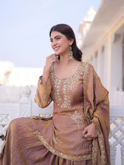 Bronze Gold Zari Sequins Embroidered Festive Sharara Suit - BONYHUBSALWAR KAMEEZ