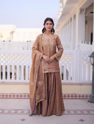 Bronze Gold Zari Sequins Embroidered Festive Sharara Suit - BONYHUBSALWAR KAMEEZ