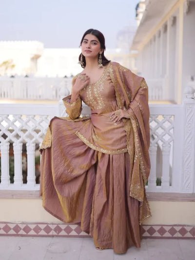 Bronze Gold Zari Sequins Embroidered Festive Sharara Suit - BONYHUBSALWAR KAMEEZ