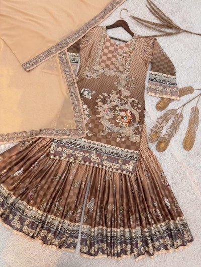 Brown Beige Dual Shade Print Mirror Work Gharara Suit - BONYHUBSALWAR KAMEEZ