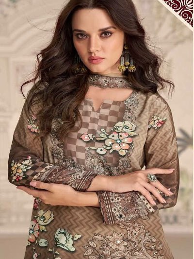 Brown Beige Dual Shade Print Mirror Work Gharara Suit - BONYHUBSALWAR KAMEEZ