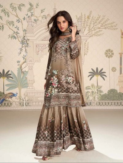 Brown Beige Dual Shade Print Mirror Work Gharara Suit - BONYHUBSALWAR KAMEEZ