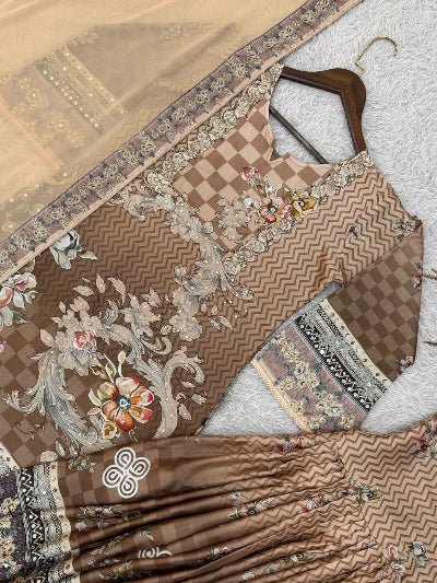 Brown Beige Dual Shade Print Mirror Work Gharara Suit - BONYHUBSALWAR KAMEEZ