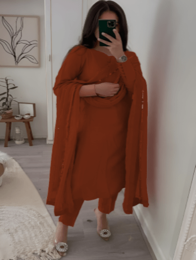 Brown Brick Designer Plain Suit Zari Dupatta Salwar Set UK Next Day - BONYHUBSALWAR KAMEEZ