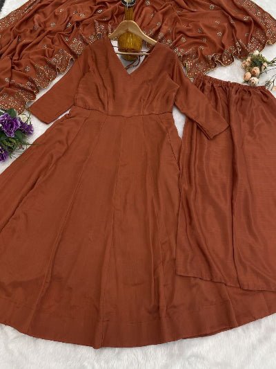 Brown Chinon Silk Flair Anarkali Suit Set - BONYHUBSALWAR KAMEEZ