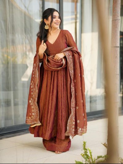 Brown Chinon Silk Flair Anarkali Suit Set - BONYHUBSALWAR KAMEEZ