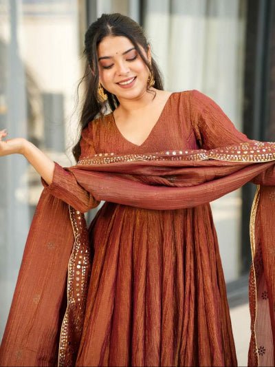 Brown Chinon Silk Flair Anarkali Suit Set - BONYHUBSALWAR KAMEEZ