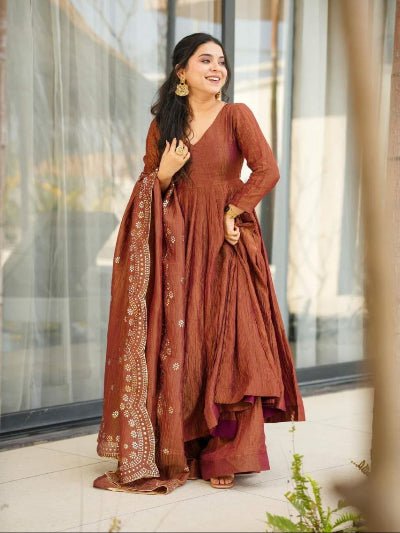 Brown Chinon Silk Flair Anarkali Suit Set - BONYHUBSALWAR KAMEEZ