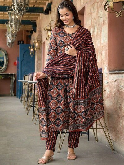 Brown Cotton Jaipuri Print Anarkali Suit - BONYHUBSALWAR KAMEEZ