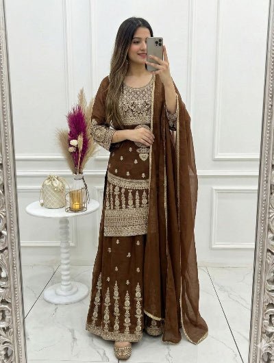 Brown Crunchy Silk Zari Embroidered Sharara Suit - BONYHUBSALWAR KAMEEZ