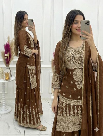 Brown Crunchy Silk Zari Embroidered Sharara Suit - BONYHUBSALWAR KAMEEZ