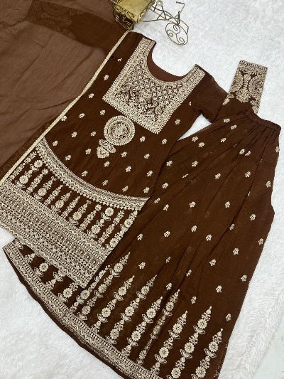 Brown Crunchy Silk Zari Embroidered Sharara Suit - BONYHUBSALWAR KAMEEZ