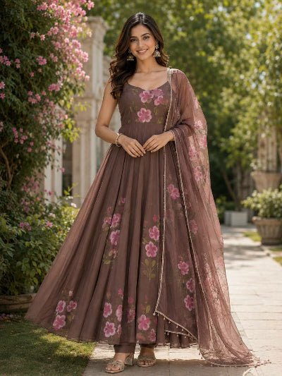 Brown Floral Hand painted Georgette Anarkali Suit - BONYHUBSALWAR KAMEEZ