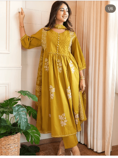 Brown Mustard Cotton Embroidered Salwar Kameez Kurti Pant Set - BONYHUBSALWAR KAMEEZ