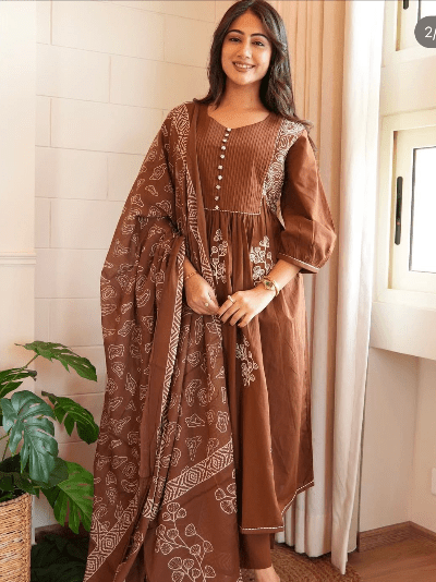 Brown Mustard Cotton Embroidered Salwar Kameez Kurti Pant Set - BONYHUBSALWAR KAMEEZ