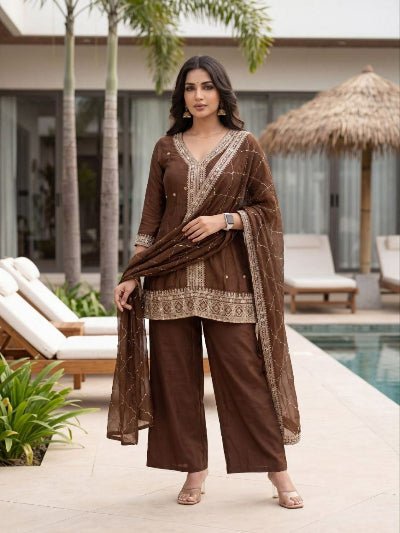 Brown Silk Embroidered Short Kurti Palazzo Dupatta Set - BONYHUBSALWAR KAMEEZ