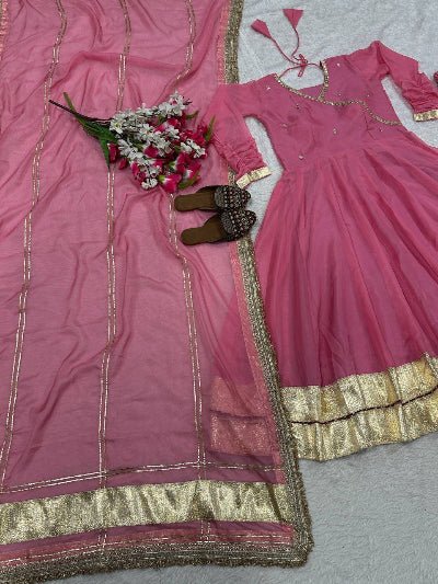 Bubble Pink Organza Embroidery Anarkali Suit - BONYHUBSALWAR KAMEEZ