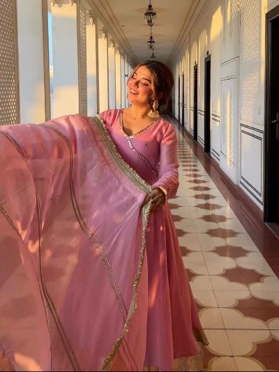 Bubble Pink Organza Embroidery Anarkali Suit - BONYHUBSALWAR KAMEEZ