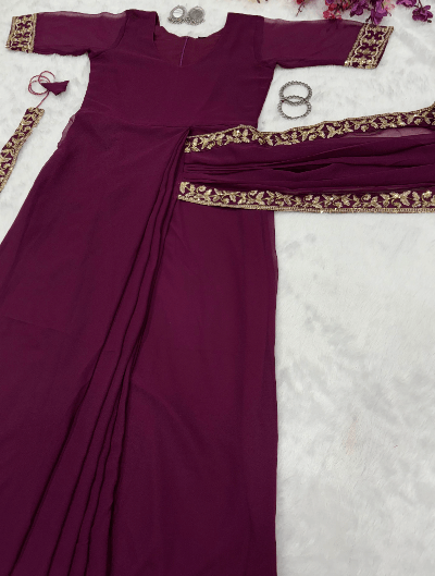 Burgandy 10 Second Saree Gown Readymade Sari UK Net Day - BONYHUBSAREE