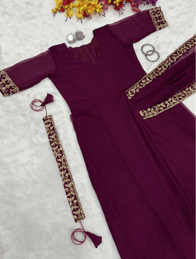 Burgandy 10 Second Saree Gown Readymade Sari UK Net Day - BONYHUBSAREE