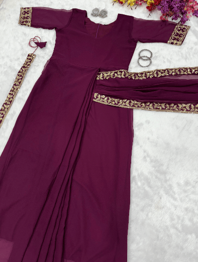 Burgandy 10 Second Saree Gown Readymade Sari UK Net Day - BONYHUBSAREE