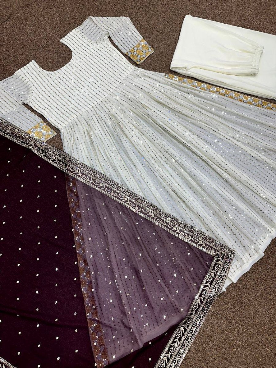 Burgandy Anarkali Gold Embroidery Gown Set of 3 UK Next Day - BONYHUBSALWAR KAMEEZ