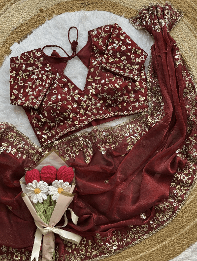 Burgandy Designer Sari Free Stitched Blouse Readytowear - BONYHUBSAREE