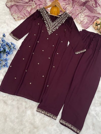 Burgandy Embroidered Salwar Suit With Organza Dupatta - BONYHUBSALWAR KAMEEZ