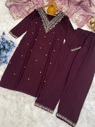 Burgandy Embroidered Salwar Suit With Organza Dupatta - BONYHUBSALWAR KAMEEZ