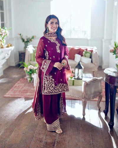Burgandy French Crepe Embroidered Palazzo Suit Set - BONYHUBSALWAR KAMEEZ