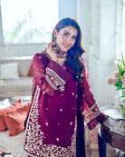 Burgandy French Crepe Embroidered Palazzo Suit Set - BONYHUBSALWAR KAMEEZ