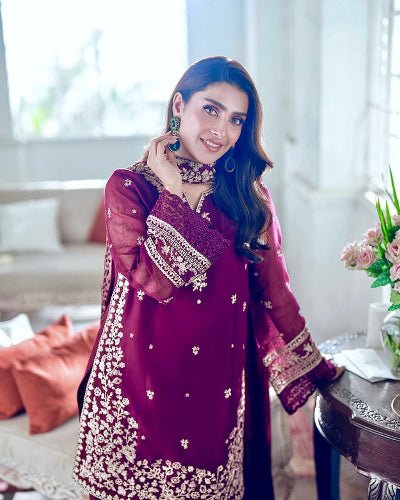 Burgandy French Crepe Embroidered Palazzo Suit Set - BONYHUBSALWAR KAMEEZ