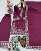 Burgandy French Crepe Embroidered Palazzo Suit Set - BONYHUBSALWAR KAMEEZ