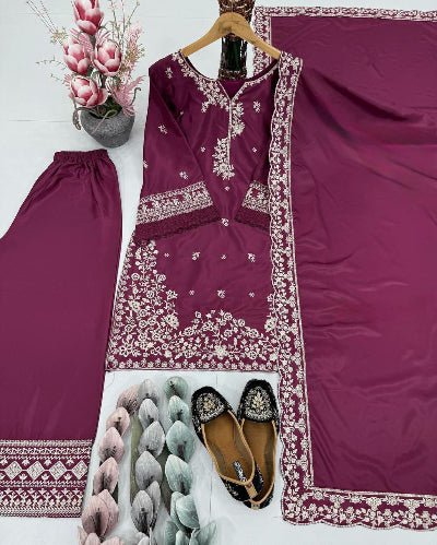 Burgandy French Crepe Embroidered Palazzo Suit Set - BONYHUBSALWAR KAMEEZ