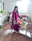 Burgandy French Crepe Embroidered Palazzo Suit Set - BONYHUBSALWAR KAMEEZ