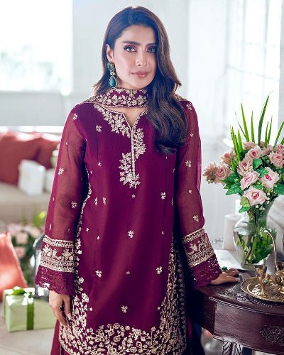 Burgandy French Crepe Embroidered Palazzo Suit Set - BONYHUBSALWAR KAMEEZ