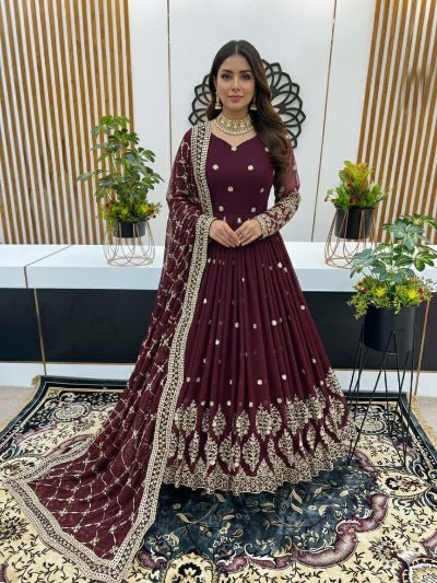 Burgandy Georgette Embroidered Gown Dupatta Set Of 2 - BONYHUBSALWAR KAMEEZ