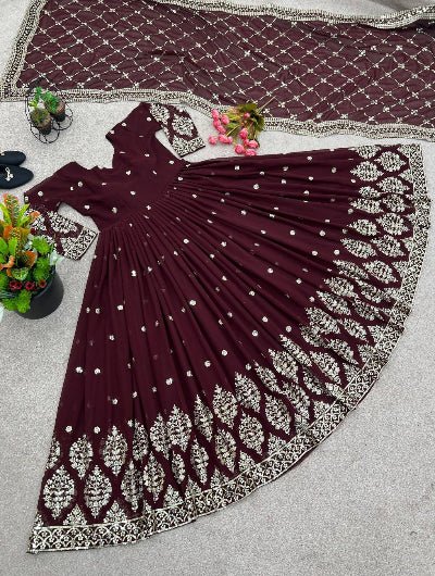 Burgandy Georgette Embroidered Gown Dupatta Set Of 2 - BONYHUBSALWAR KAMEEZ
